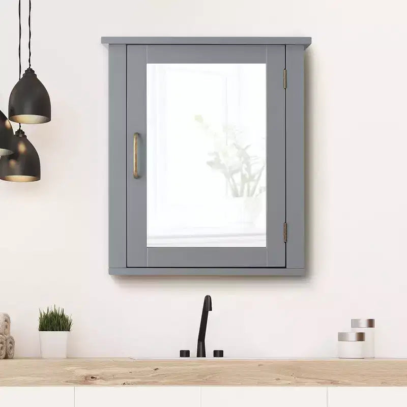 Mid-Century Modern Wooden Medicine Cabinet Gray Mirrored Door