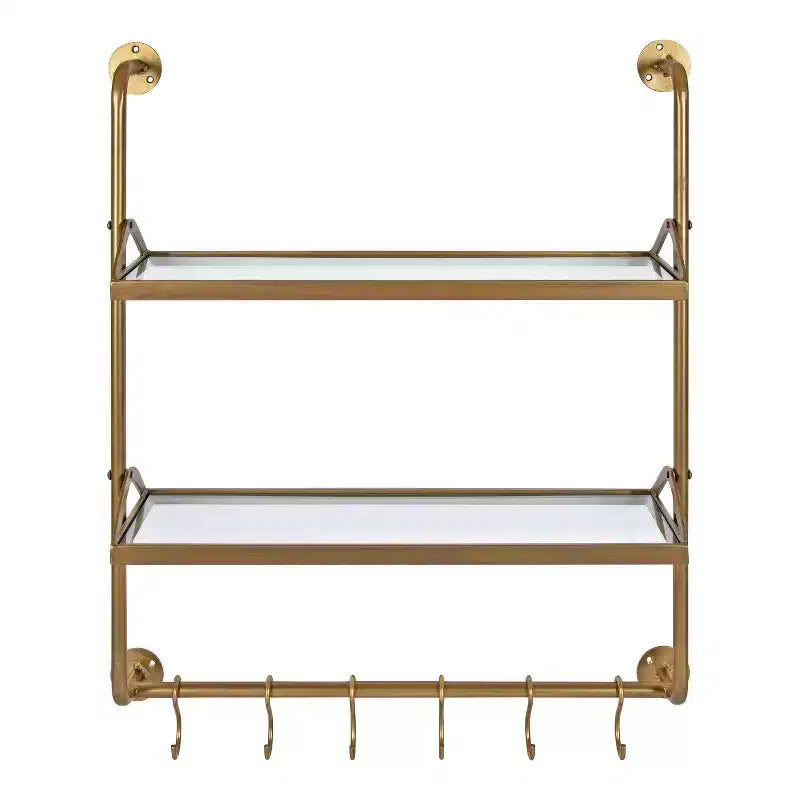 26" x 31" Metal Wall Shelf Gold 2-Tier Glass Shelves with Hooks
