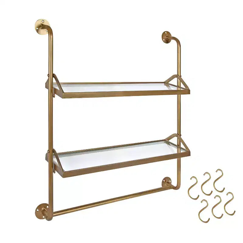 26" x 31" Metal Wall Shelf Gold 2-Tier Glass Shelves with Hooks