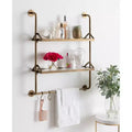 26" x 31" Metal Wall Shelf Gold 2-Tier Glass Shelves with Hooks