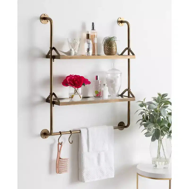 26" x 31" Metal Wall Shelf Gold 2-Tier Glass Shelves with Hooks