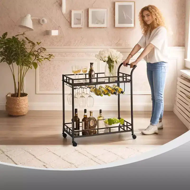Bar Cart with 2 Mirrored Shelves Wine Holders and Glass Holders