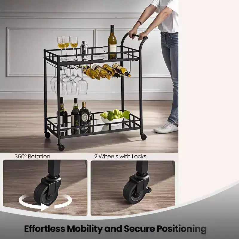 Bar Cart with 2 Mirrored Shelves Wine Holders and Glass Holders