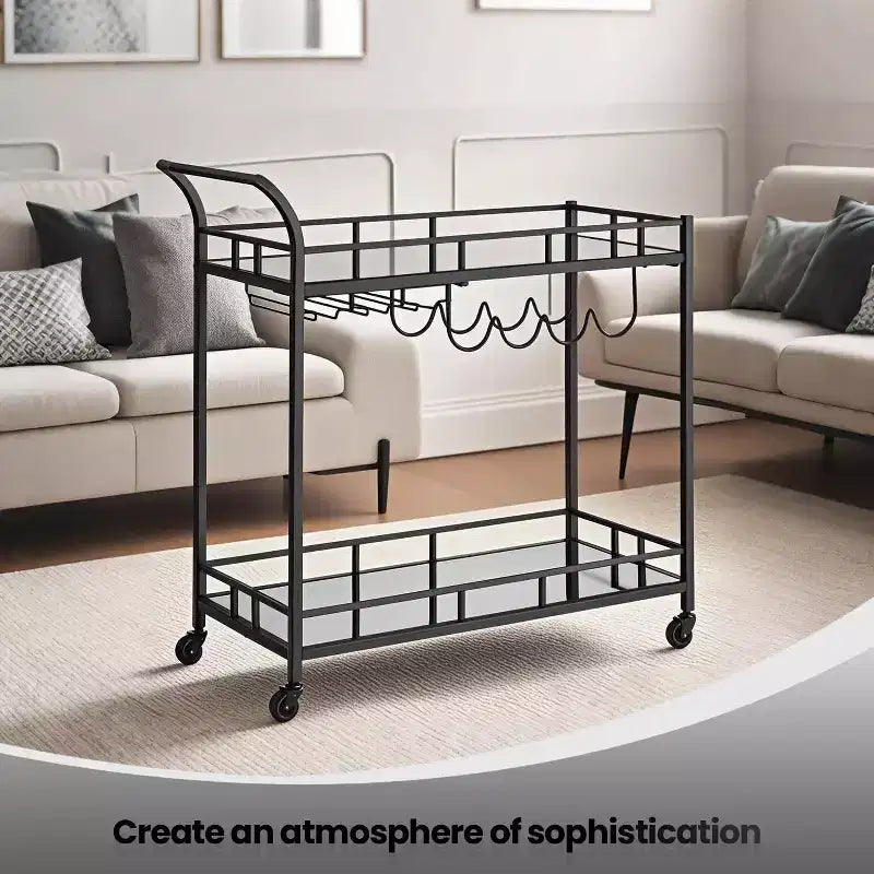 Bar Cart with 2 Mirrored Shelves Wine Holders and Glass Holders