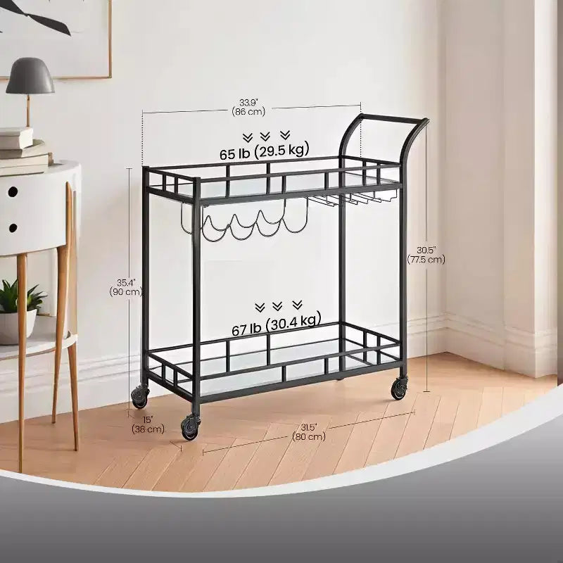 Bar Cart with 2 Mirrored Shelves Wine Holders and Glass Holders