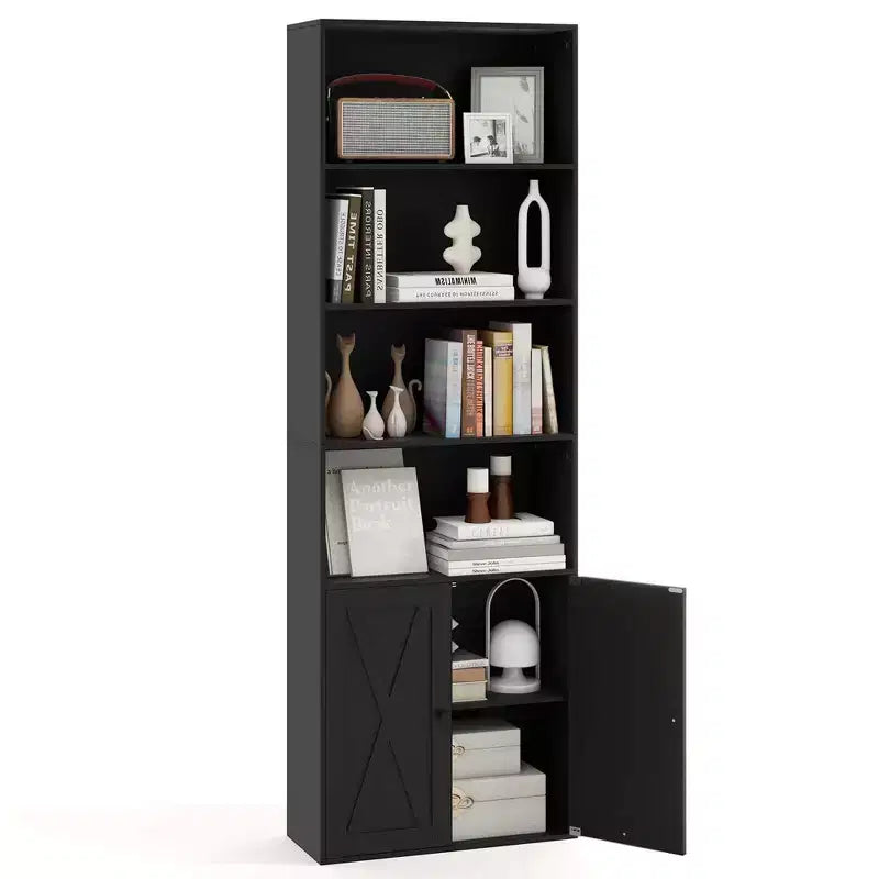 71" Farmhouse Bookcase with Doors 6 Shelves 2-Door Cabinet White/Black