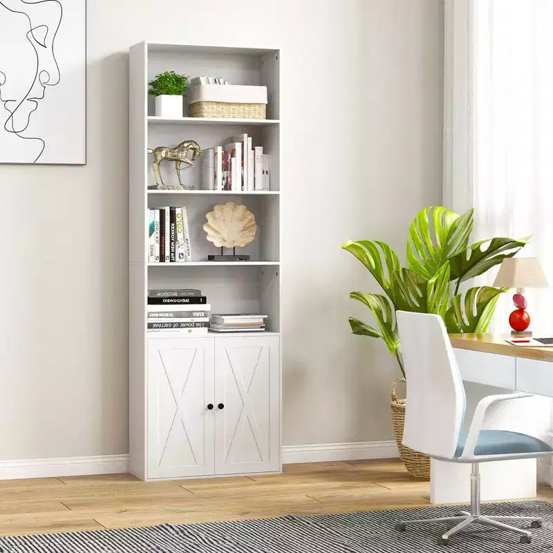 71" Farmhouse Bookcase with Doors 6 Shelves 2-Door Cabinet White/Black