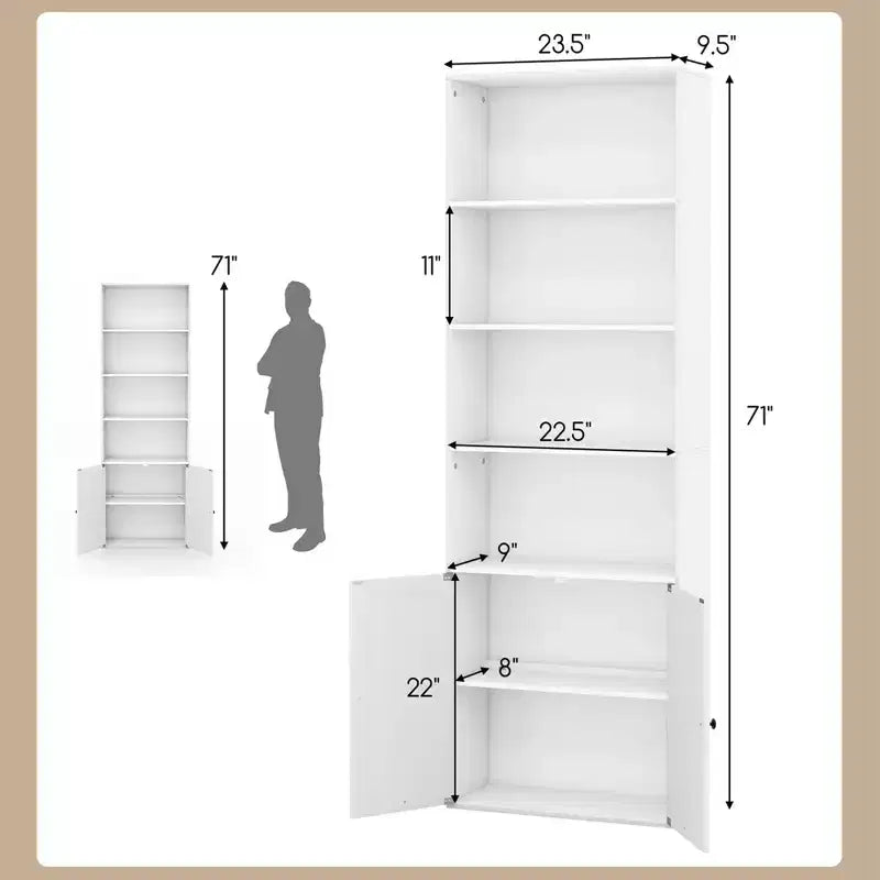 71" Farmhouse Bookcase with Doors 6 Shelves 2-Door Cabinet White/Black