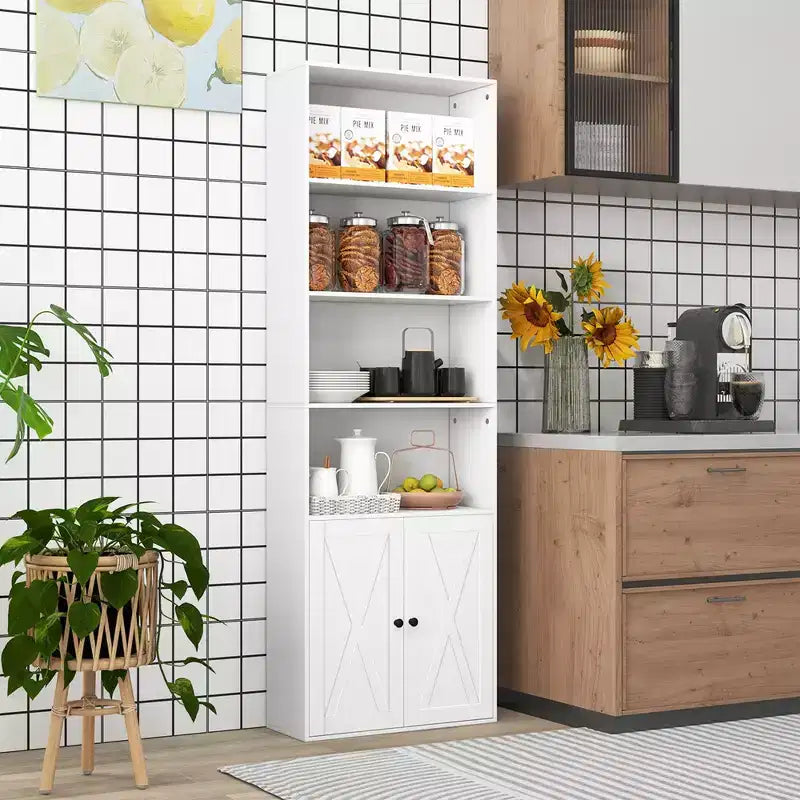 71" Farmhouse Bookcase with Doors 6 Shelves 2-Door Cabinet White/Black