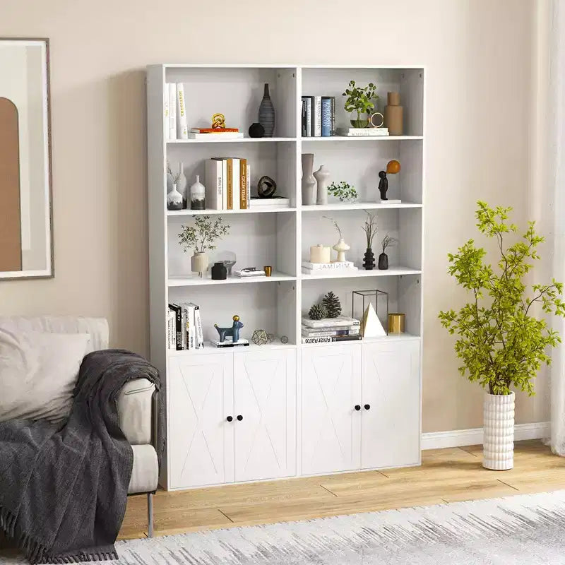 71" Farmhouse Bookcase with Doors 6 Shelves 2-Door Cabinet White/Black
