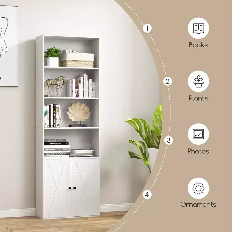 71" Farmhouse Bookcase with Doors 6 Shelves 2-Door Cabinet White/Black
