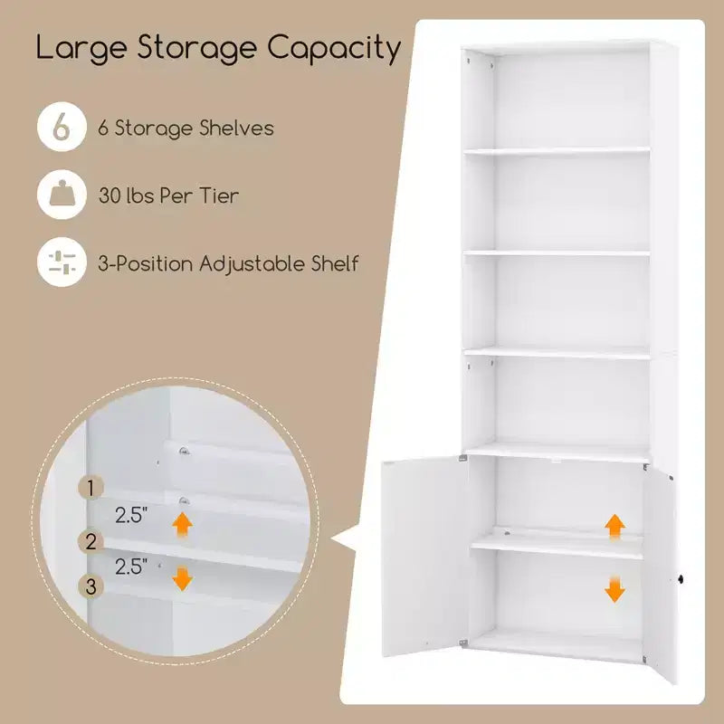 71" Farmhouse Bookcase with Doors 6 Shelves 2-Door Cabinet White/Black