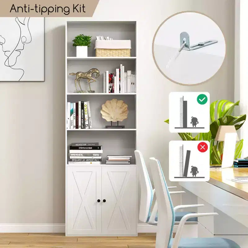 71" Farmhouse Bookcase with Doors 6 Shelves 2-Door Cabinet White/Black