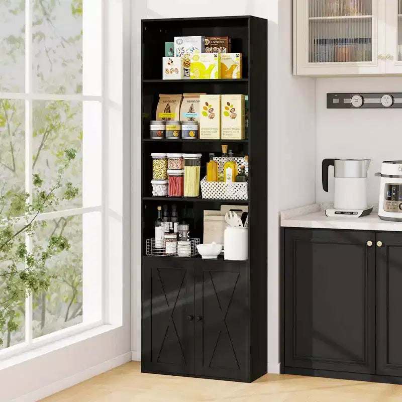 71" Farmhouse Bookcase with Doors 6 Shelves 2-Door Cabinet White/Black