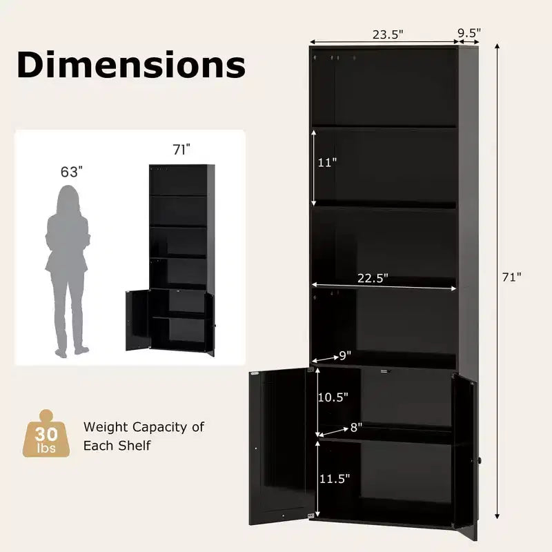 71" Farmhouse Bookcase with Doors 6 Shelves 2-Door Cabinet White/Black
