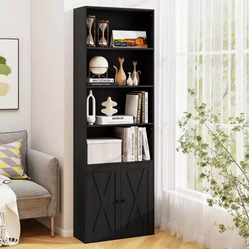71" Farmhouse Bookcase with Doors 6 Shelves 2-Door Cabinet White/Black