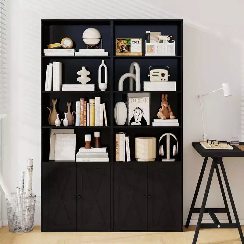 71" Farmhouse Bookcase with Doors 6 Shelves 2-Door Cabinet White/Black