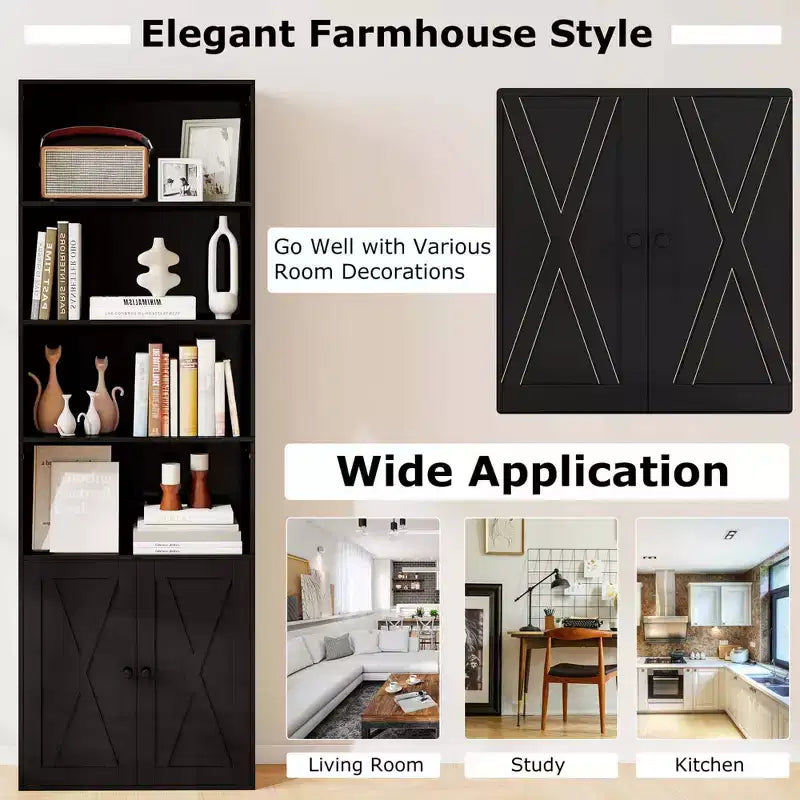 71" Farmhouse Bookcase with Doors 6 Shelves 2-Door Cabinet White/Black