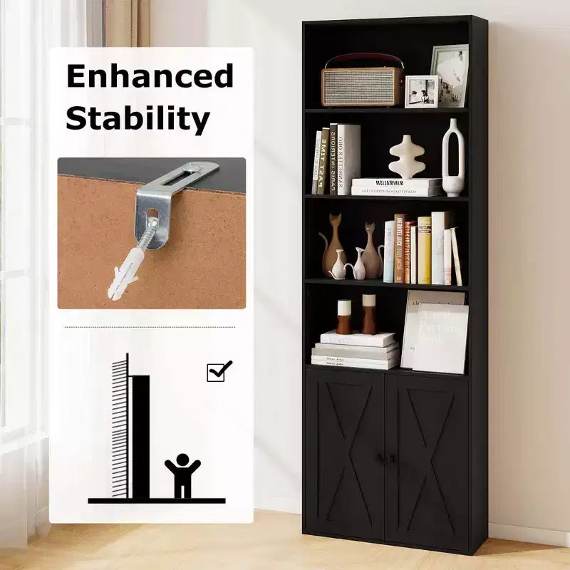 71" Farmhouse Bookcase with Doors 6 Shelves 2-Door Cabinet White/Black
