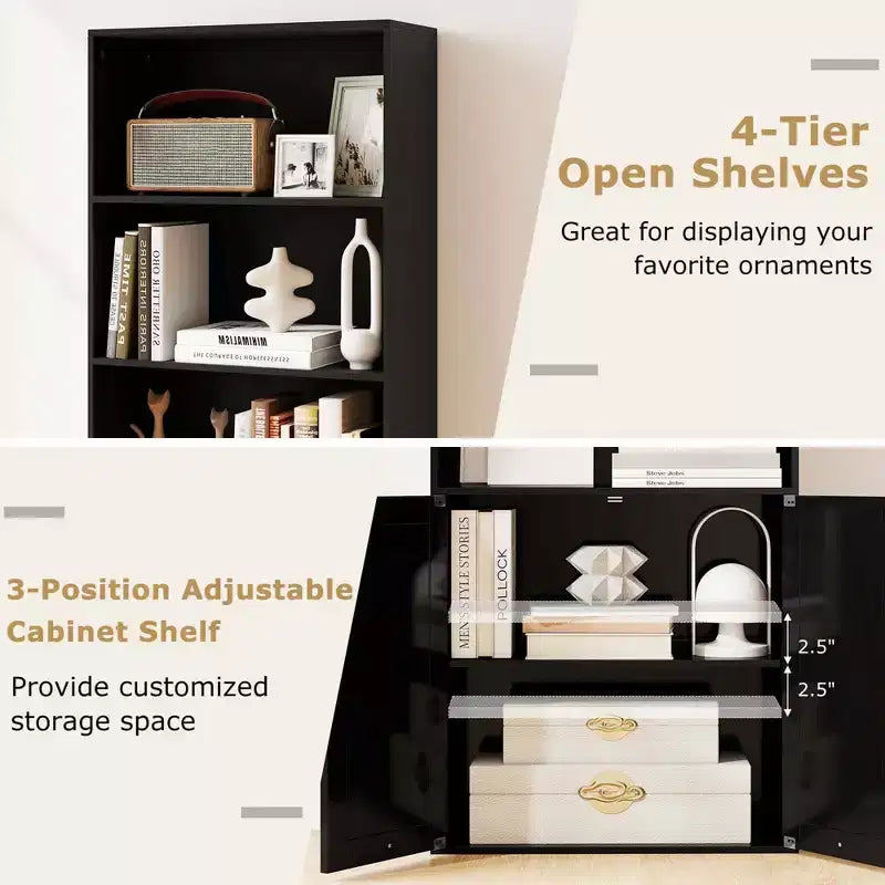 71" Farmhouse Bookcase with Doors 6 Shelves 2-Door Cabinet White/Black