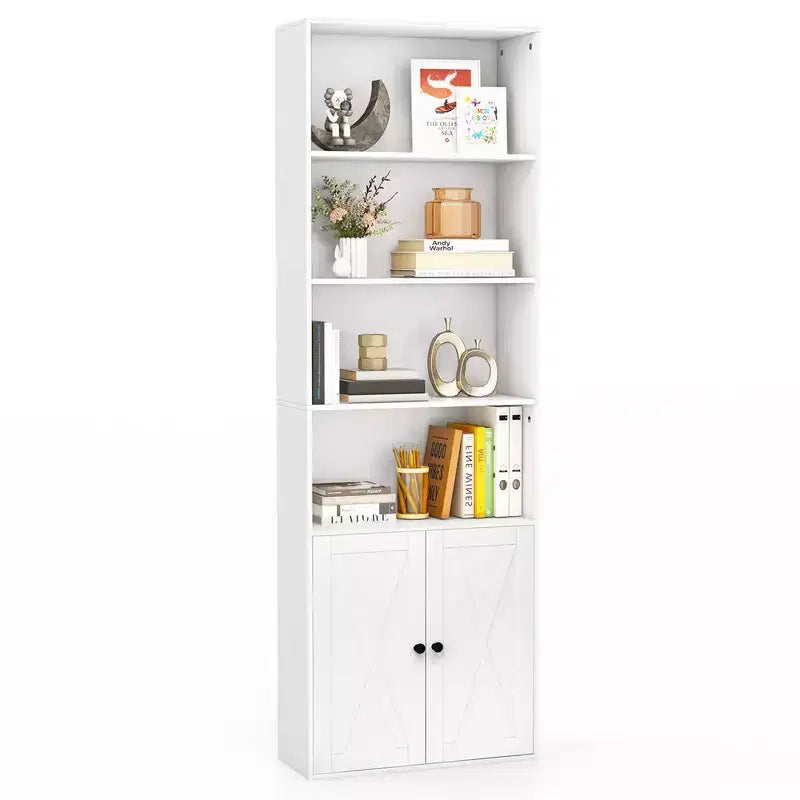 71" Farmhouse Bookcase with Doors 6 Shelves 2-Door Cabinet White/Black