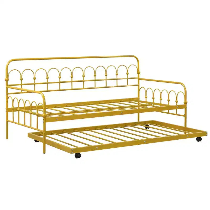 Twin Size Metal Daybed with Trundle Lockable Wheels Gold