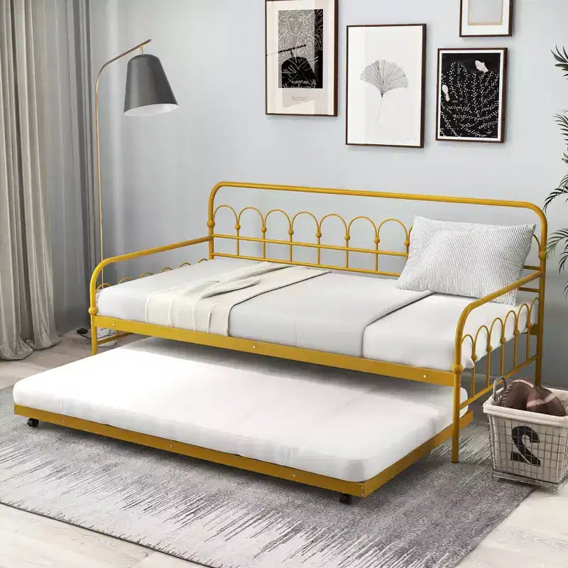Twin Size Metal Daybed with Trundle Lockable Wheels Gold