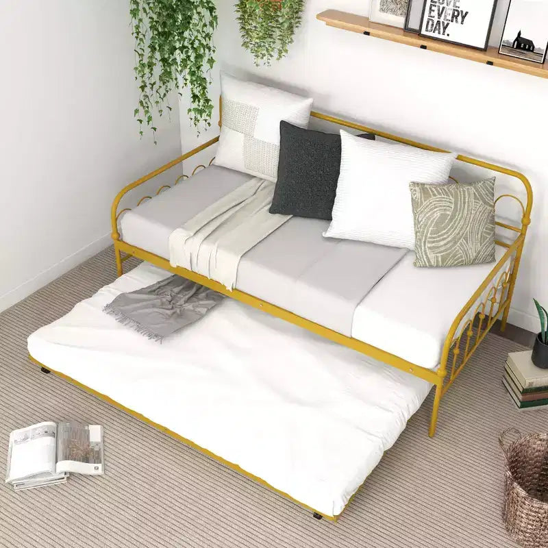 Twin Size Metal Daybed with Trundle Lockable Wheels Gold