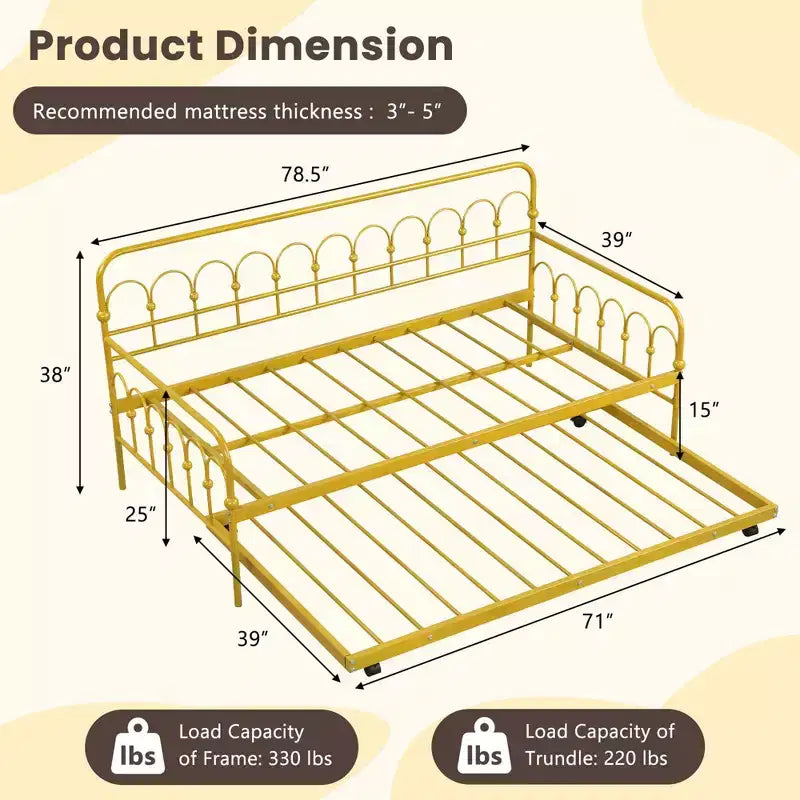 Twin Size Metal Daybed with Trundle Lockable Wheels Gold
