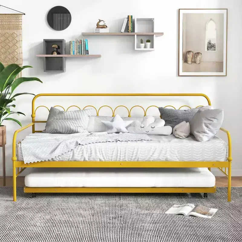 Twin Size Metal Daybed with Trundle Lockable Wheels Gold