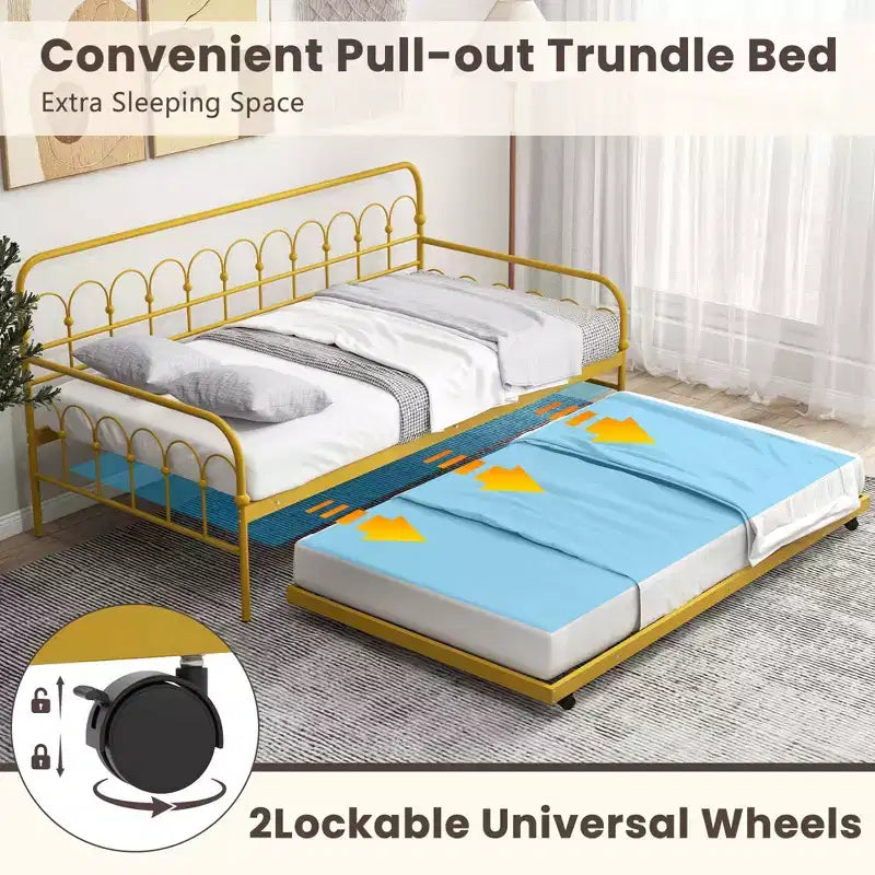 Twin Size Metal Daybed with Trundle Lockable Wheels Gold