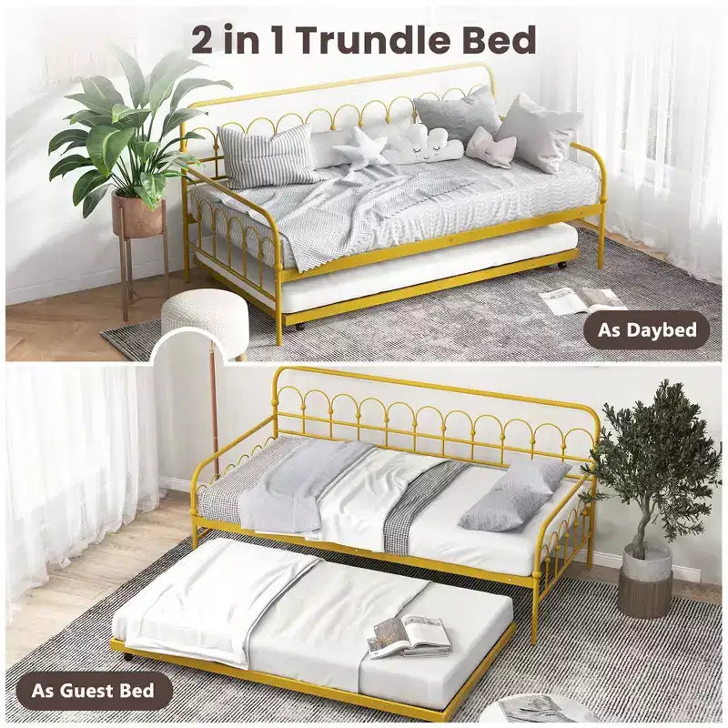 Twin Size Metal Daybed with Trundle Lockable Wheels Gold