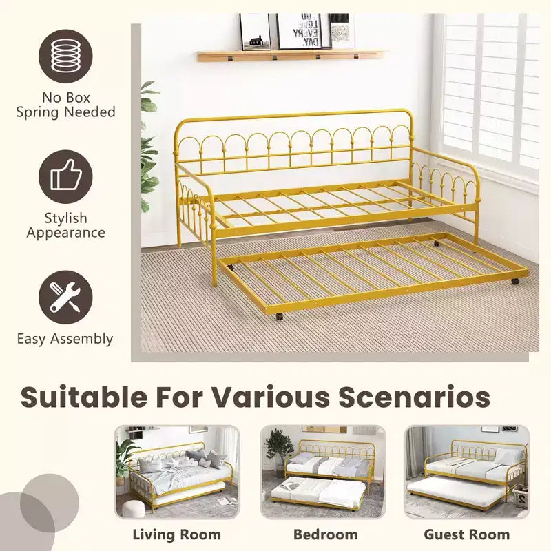 Twin Size Metal Daybed with Trundle Lockable Wheels Gold