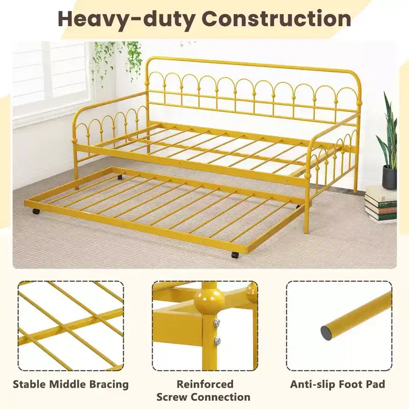 Twin Size Metal Daybed with Trundle Lockable Wheels Gold