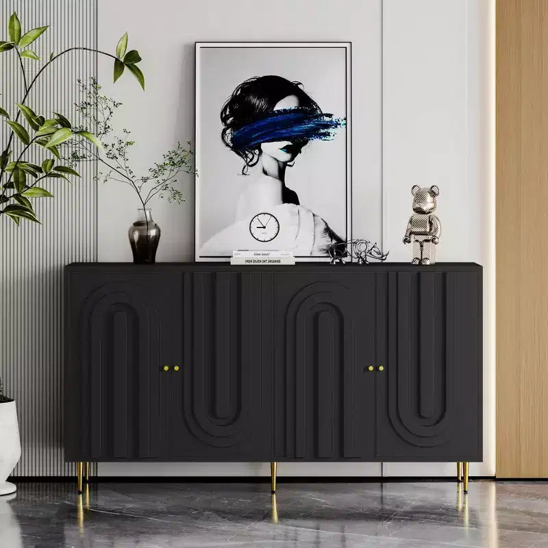 Black Lacquered 4-Door Wooden Sideboard Cabinet