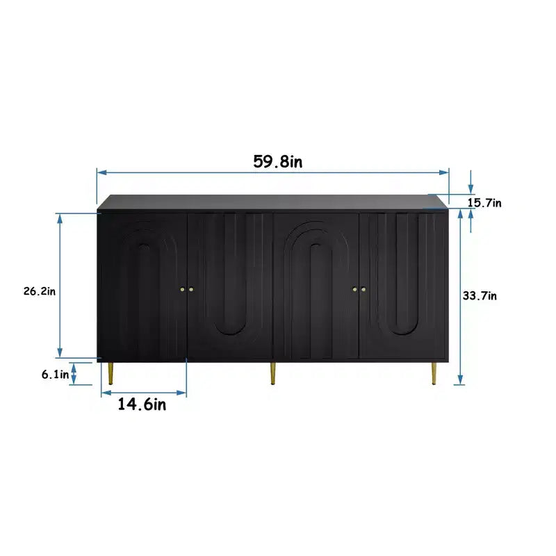 Black Lacquered 4-Door Wooden Sideboard Cabinet