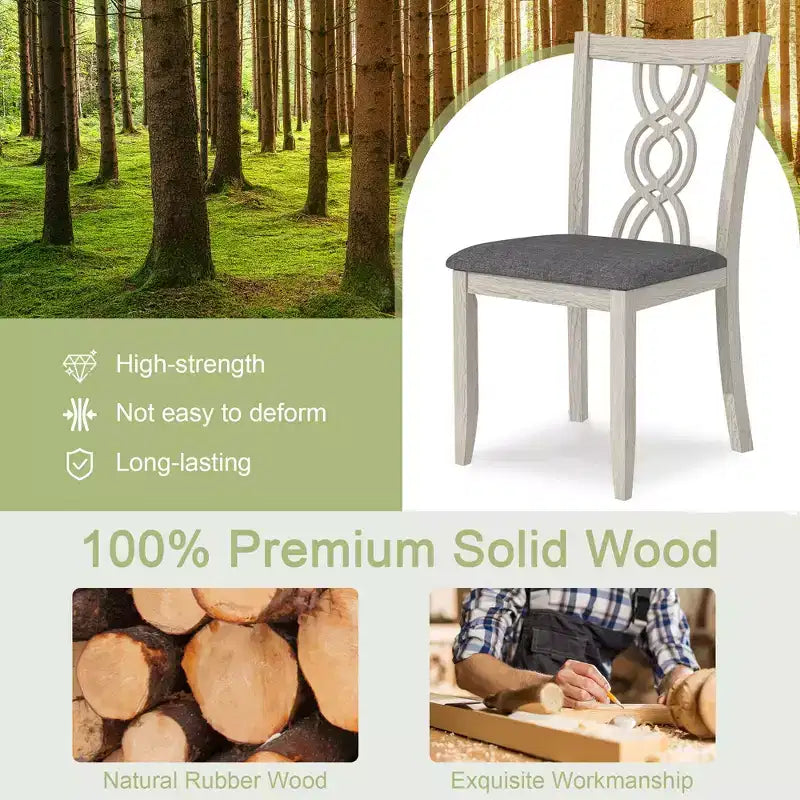 Set of 2 Rustic Wooden Dining Chairs Rubber Wood Padded Seat Hollowed Backrest Gray