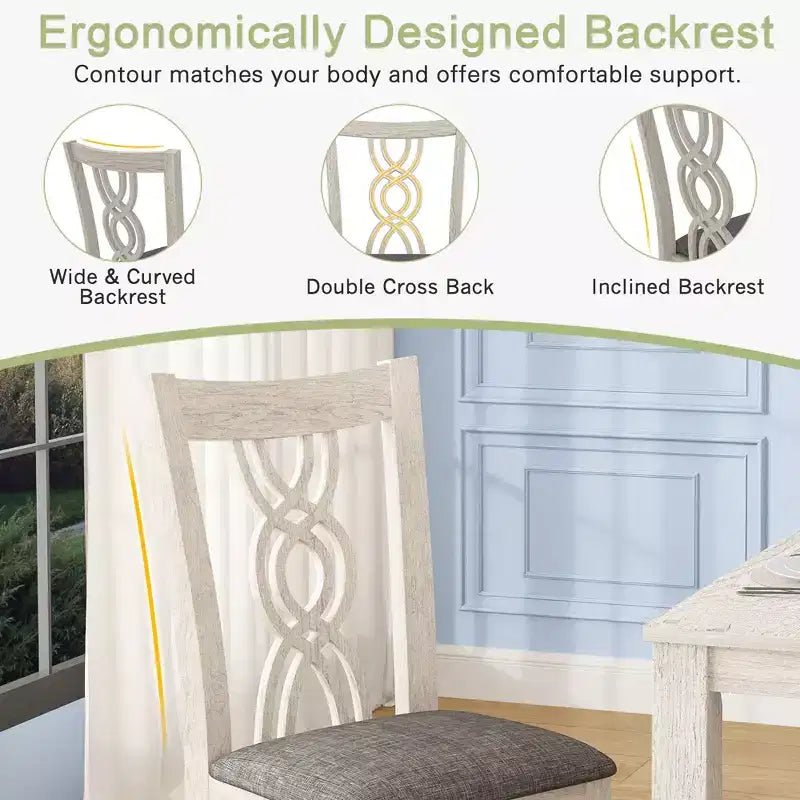 Set of 2 Rustic Wooden Dining Chairs Rubber Wood Padded Seat Hollowed Backrest Gray