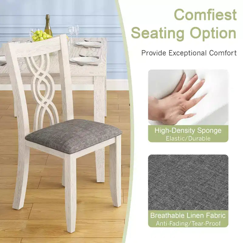 Set of 2 Rustic Wooden Dining Chairs Rubber Wood Padded Seat Hollowed Backrest Gray