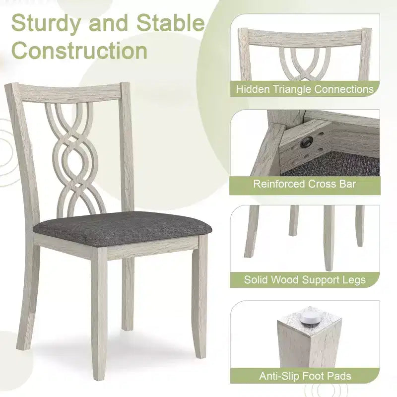Set of 2 Rustic Wooden Dining Chairs Rubber Wood Padded Seat Hollowed Backrest Gray