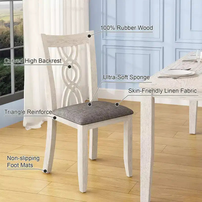 Set of 2 Rustic Wooden Dining Chairs Rubber Wood Padded Seat Hollowed Backrest Gray
