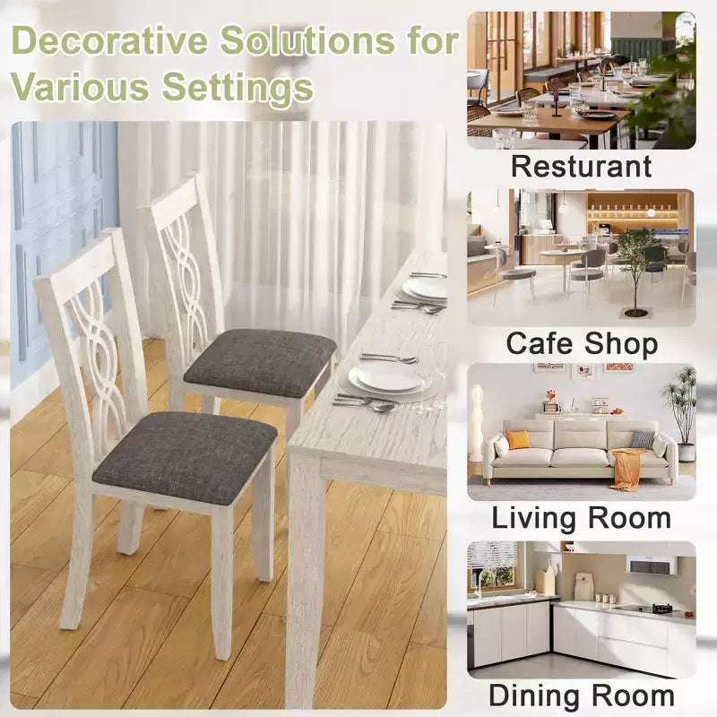 Set of 2 Rustic Wooden Dining Chairs Rubber Wood Padded Seat Hollowed Backrest Gray