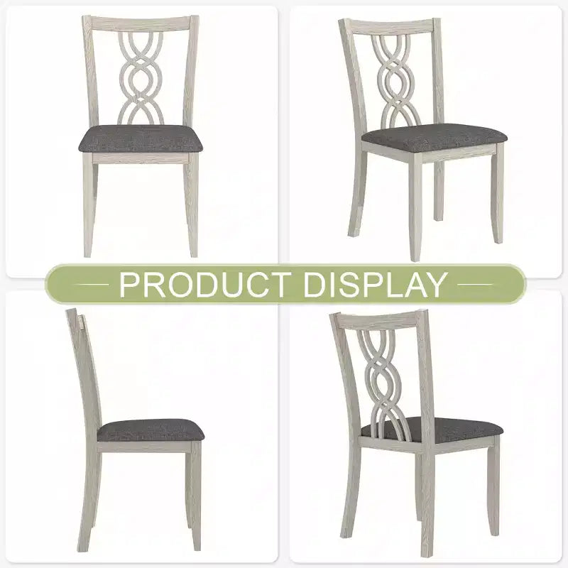 Set of 2 Rustic Wooden Dining Chairs Rubber Wood Padded Seat Hollowed Backrest Gray