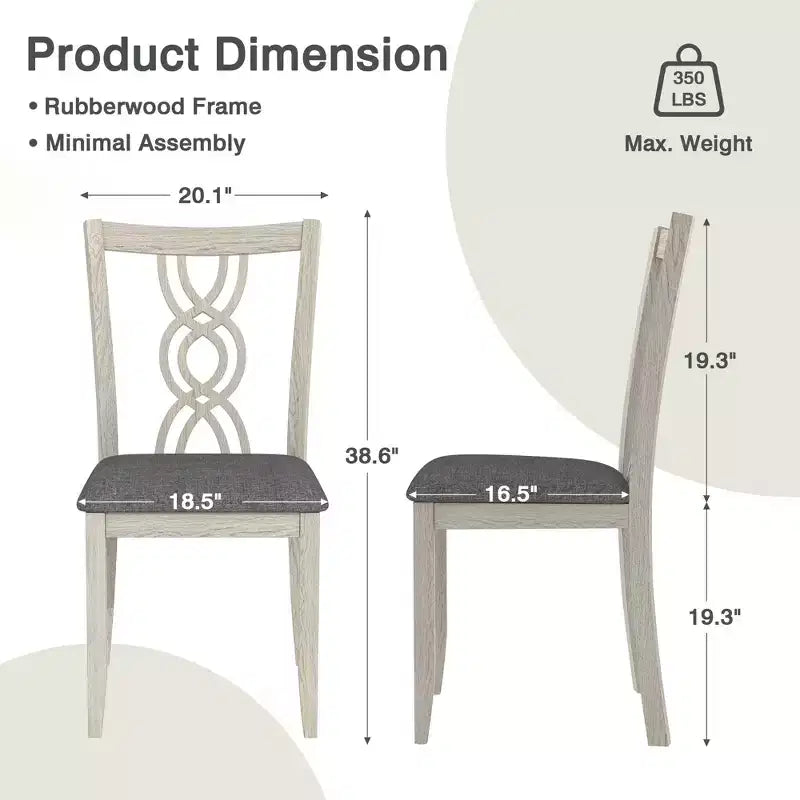 Set of 2 Rustic Wooden Dining Chairs Rubber Wood Padded Seat Hollowed Backrest Gray