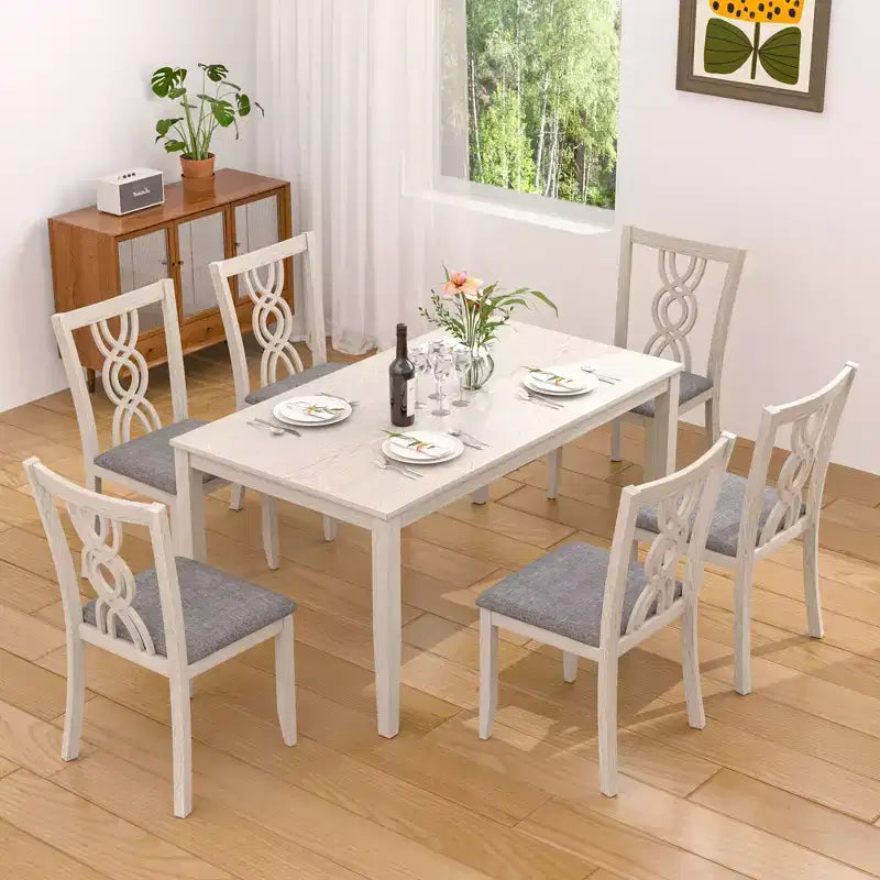 Set of 2 Rustic Wooden Dining Chairs Rubber Wood Padded Seat Hollowed Backrest Gray