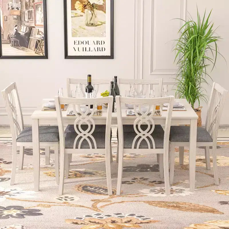 Set of 2 Rustic Wooden Dining Chairs Rubber Wood Padded Seat Hollowed Backrest Gray