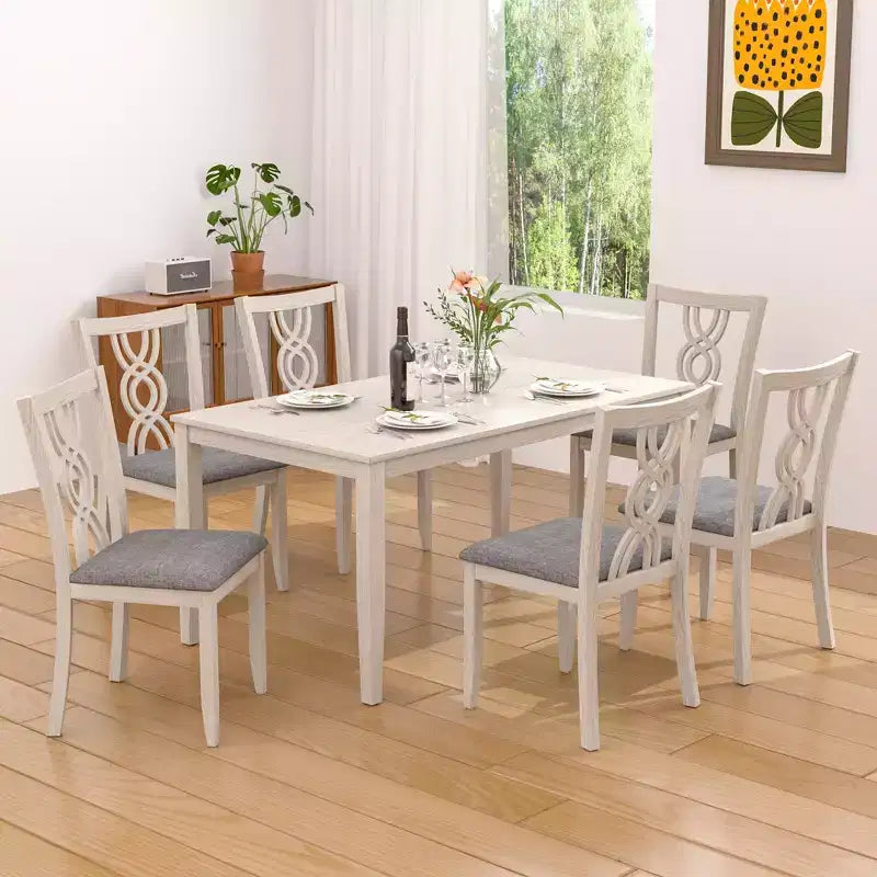 Set of 2 Rustic Wooden Dining Chairs Rubber Wood Padded Seat Hollowed Backrest Gray