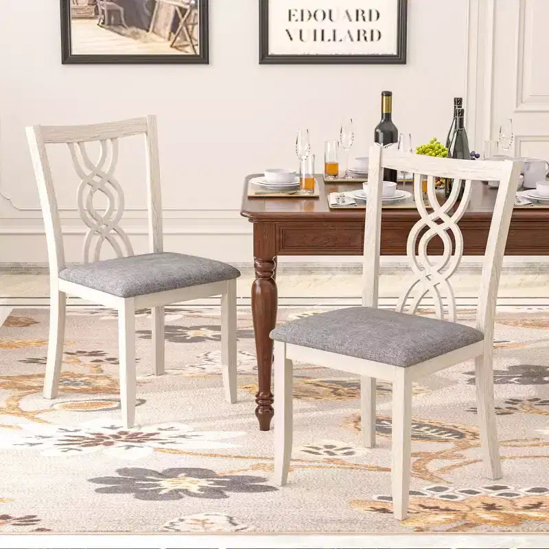 Set of 2 Rustic Wooden Dining Chairs Rubber Wood Padded Seat Hollowed Backrest Gray