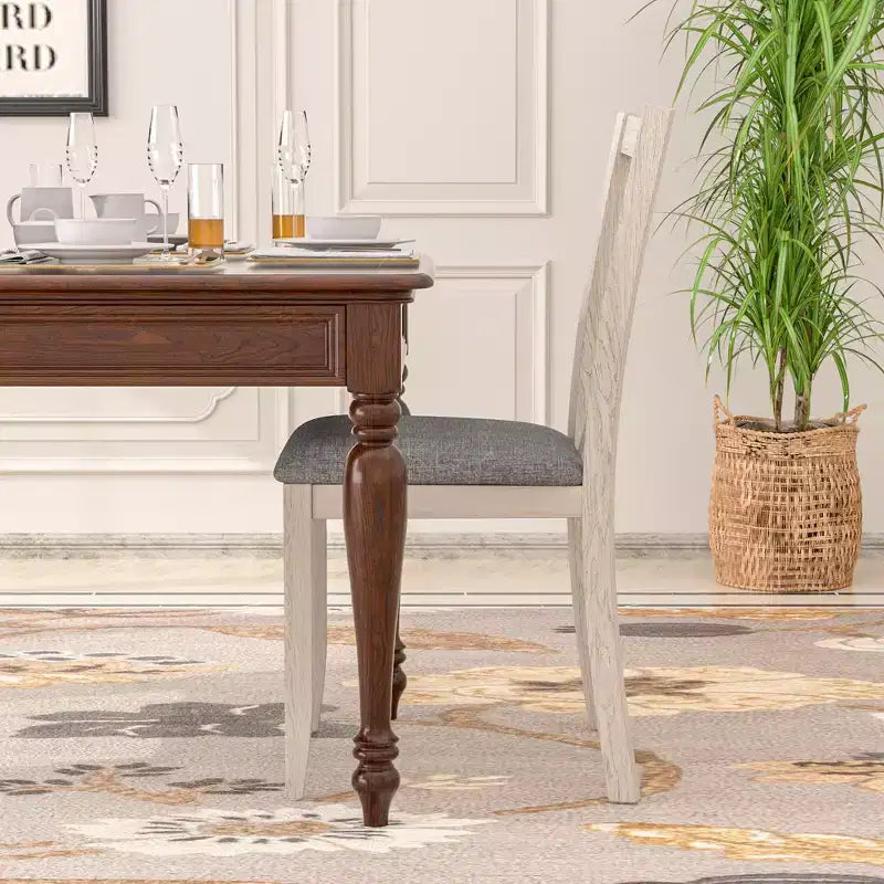 Set of 2 Rustic Wooden Dining Chairs Rubber Wood Padded Seat Hollowed Backrest Gray