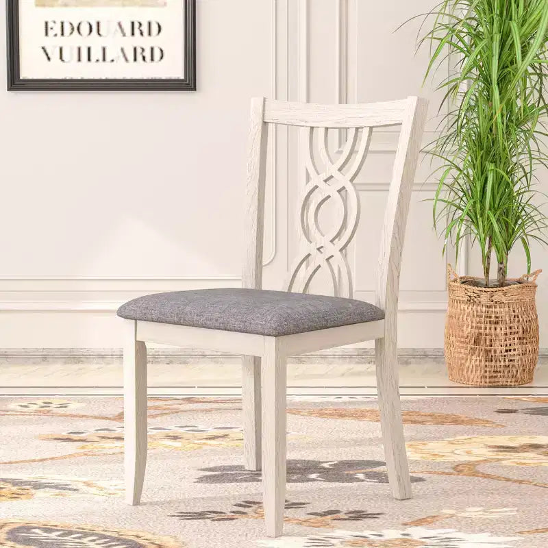 Set of 2 Rustic Wooden Dining Chairs Rubber Wood Padded Seat Hollowed Backrest Gray